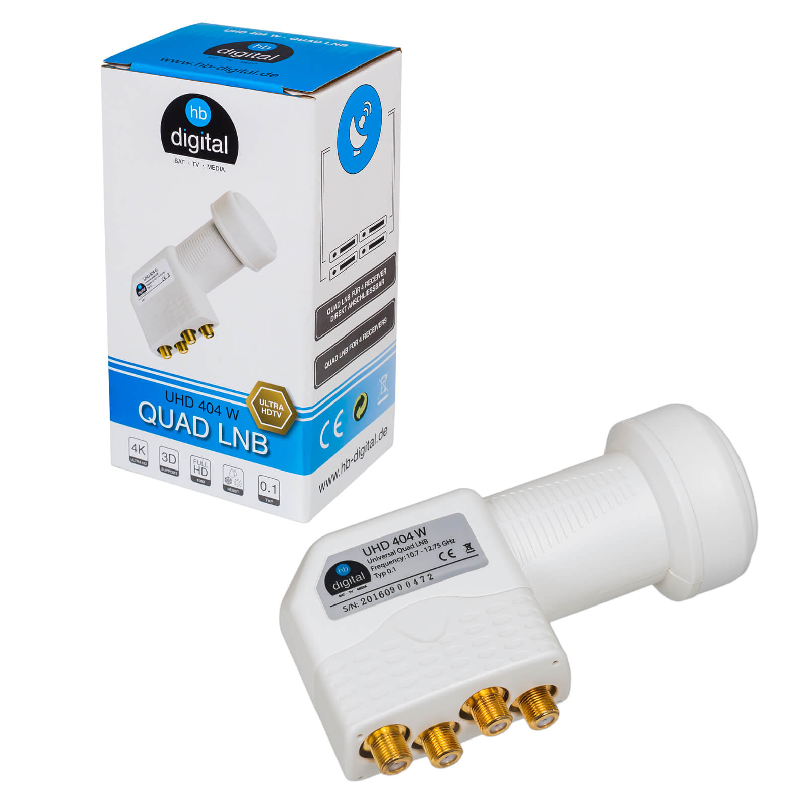 Ein weißer Quad LNB mit vier goldenen Anschlüssen und einer Verpackung.