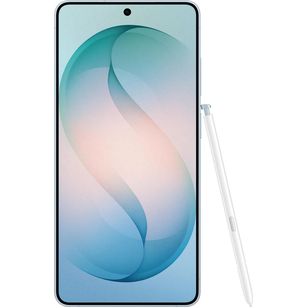 Biały rysik opiera się o smartfon z niebieskim tłem.