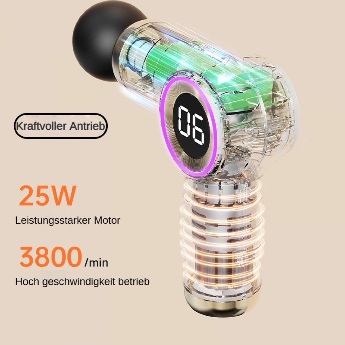 Massagegerät mit 25W Motor, 3800 U/min, kraftvoller Antrieb.