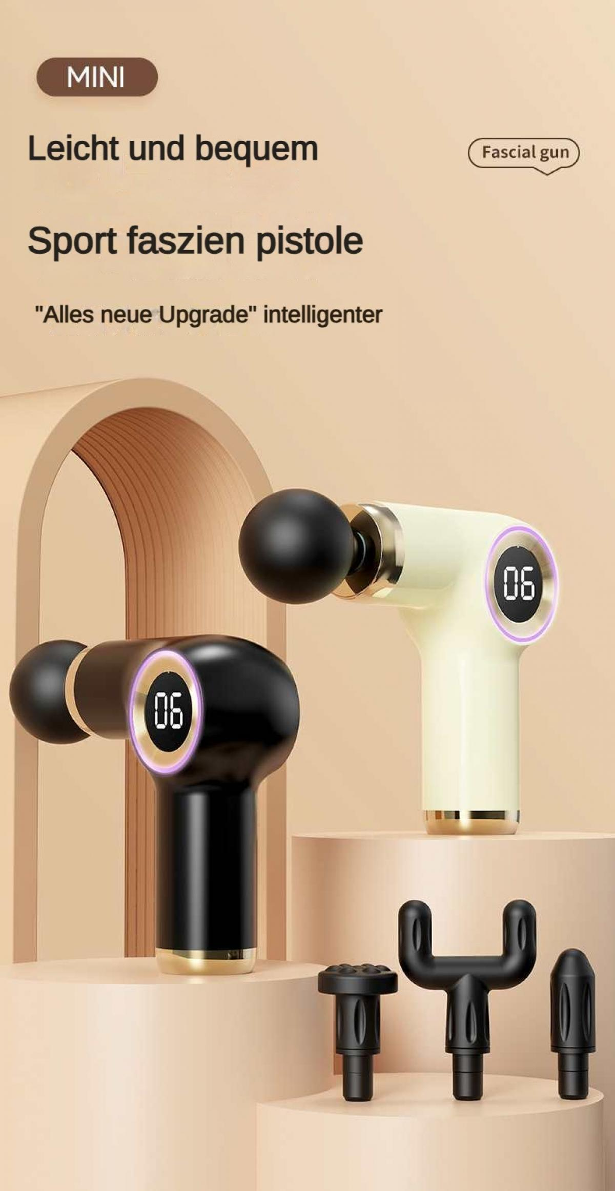 Zwei Massagepistolen in Schwarz und Creme mit digitalen Anzeigen und Aufsätzen.