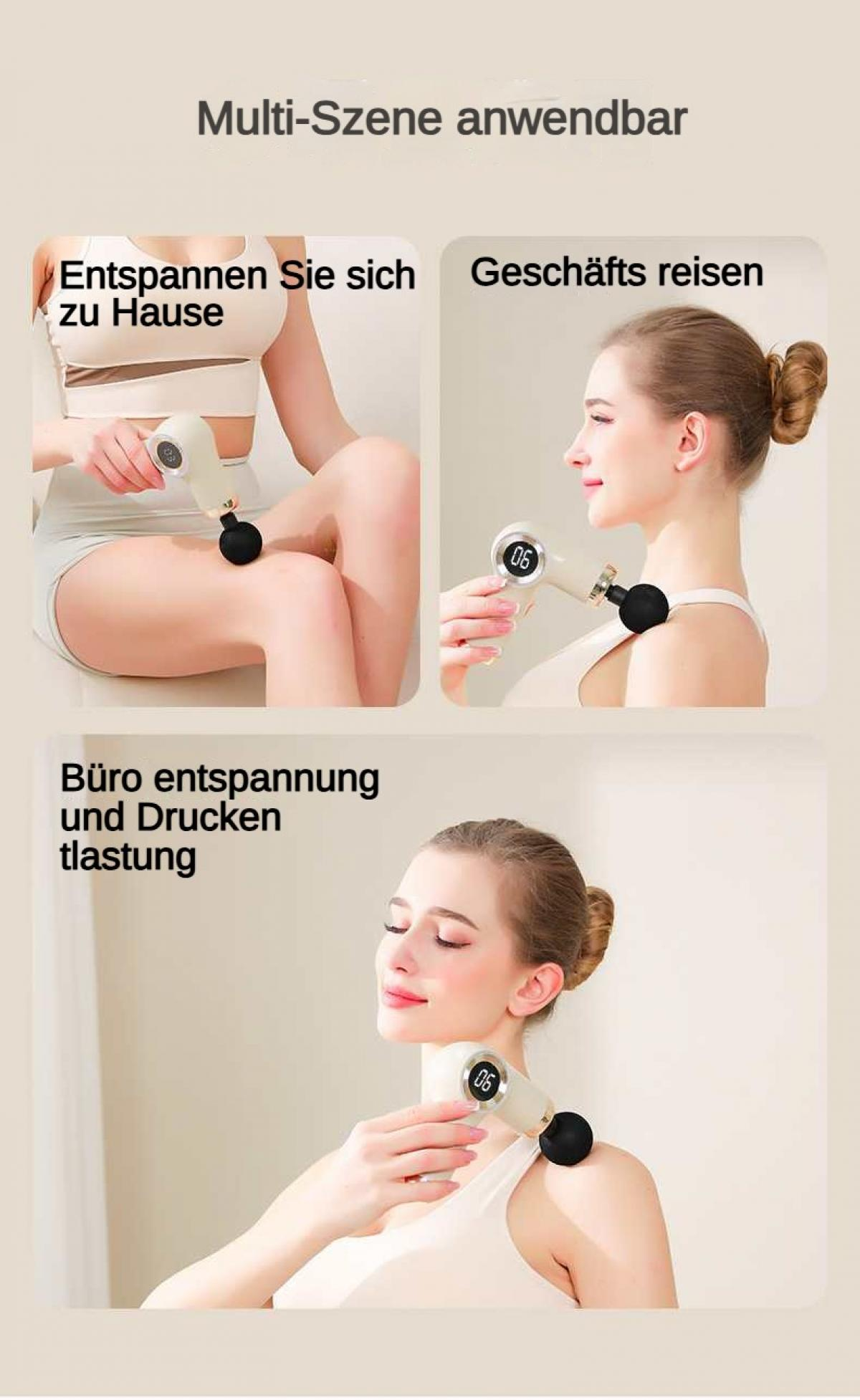 Drei Szenen: Massagegerät an Oberschenkel, Schulter und Nacken.