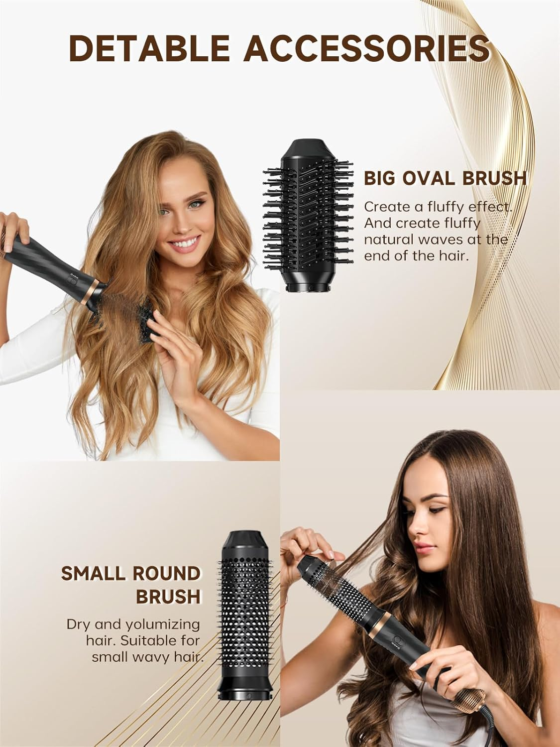 Frauen mit Haartrockner-Bürsten-Aufsätzen für verschiedene Frisuren.