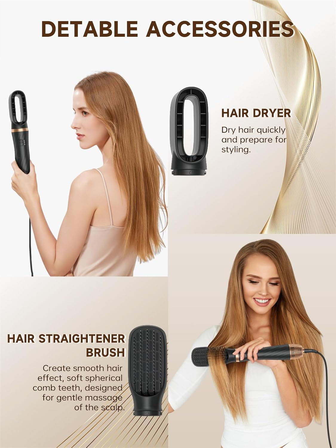 Collage zeigt eine Frau mit einem Föhn und einer Haarglättungsbürste.