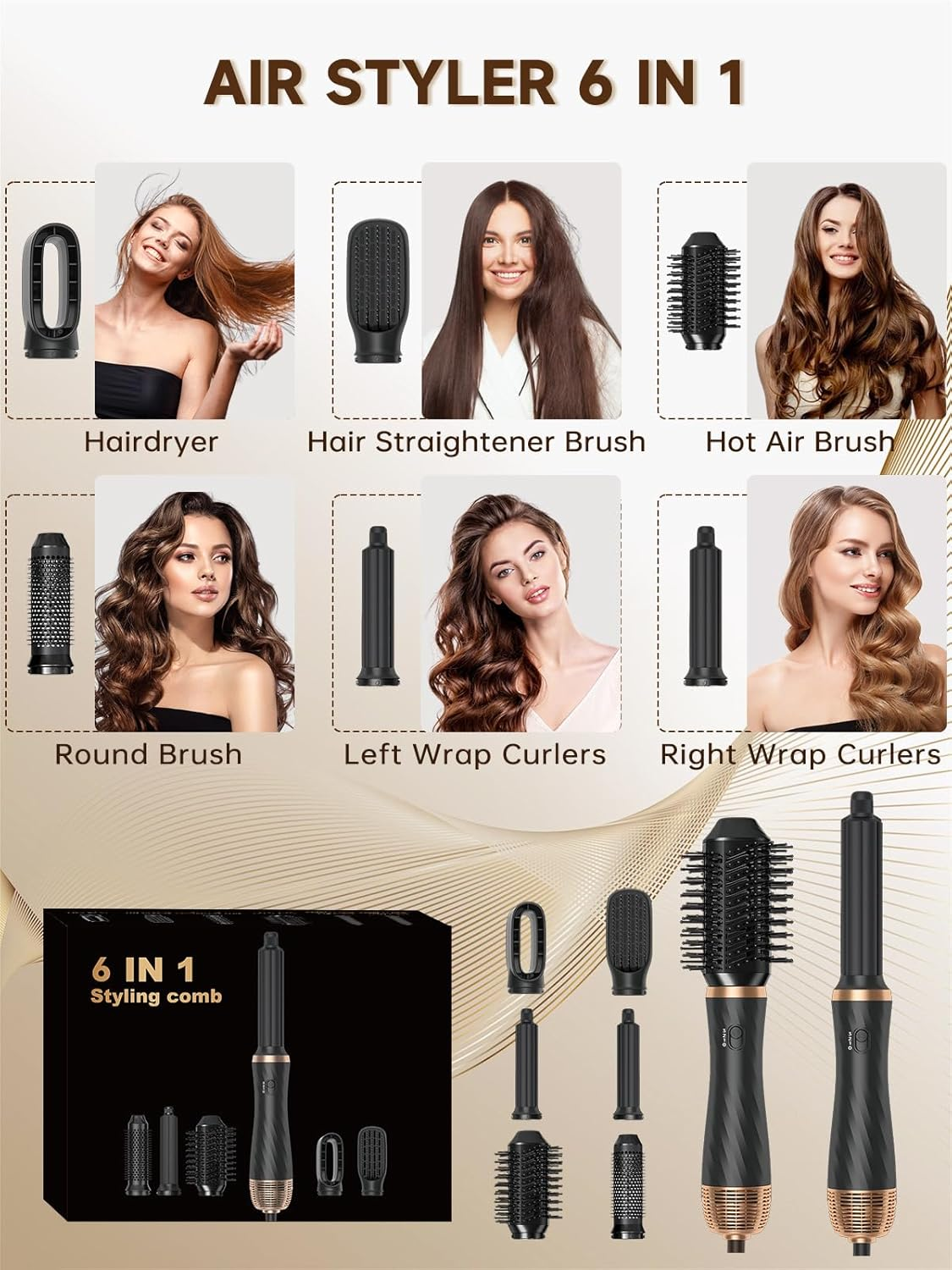 Ein 6-in-1-Haarstyler mit verschiedenen Aufsätzen: Föhn, Glättbürste, Heißluftbürste.