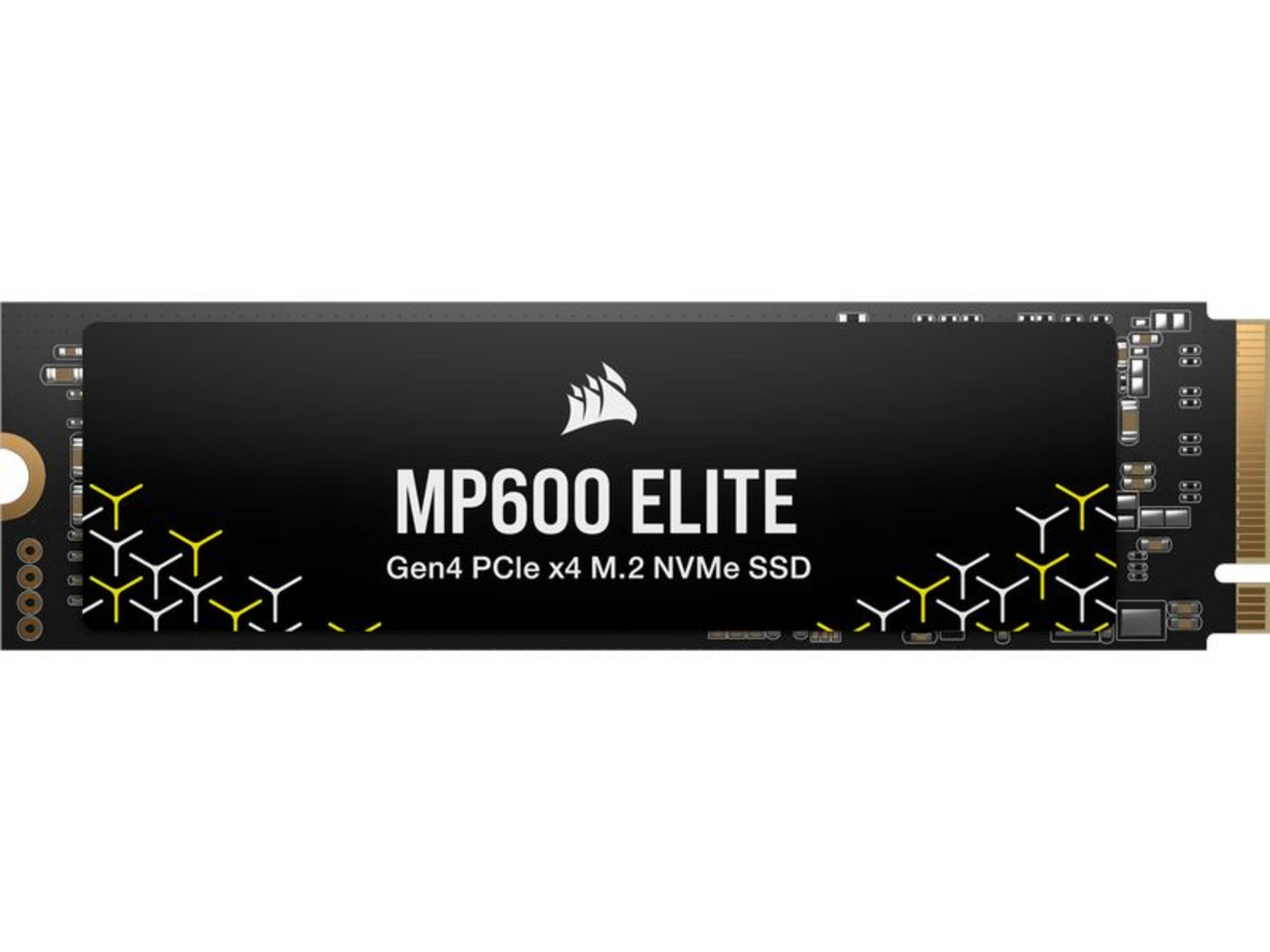 Dysk SSD NVMe Corsair MP600 Elite z srebrnym logo i żółto-białymi wzorami.