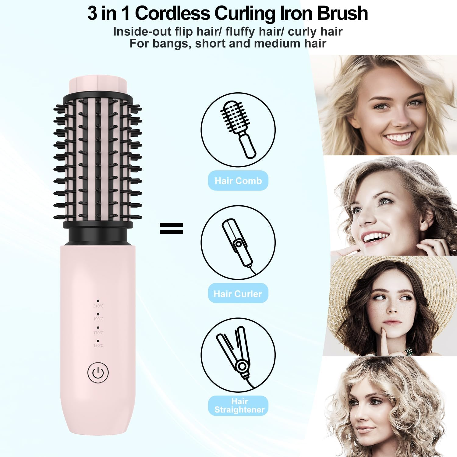 Ein rosa 3-in-1-Haarglätter mit Kamm-, Lockenstab- und Glätteaufsätzen.