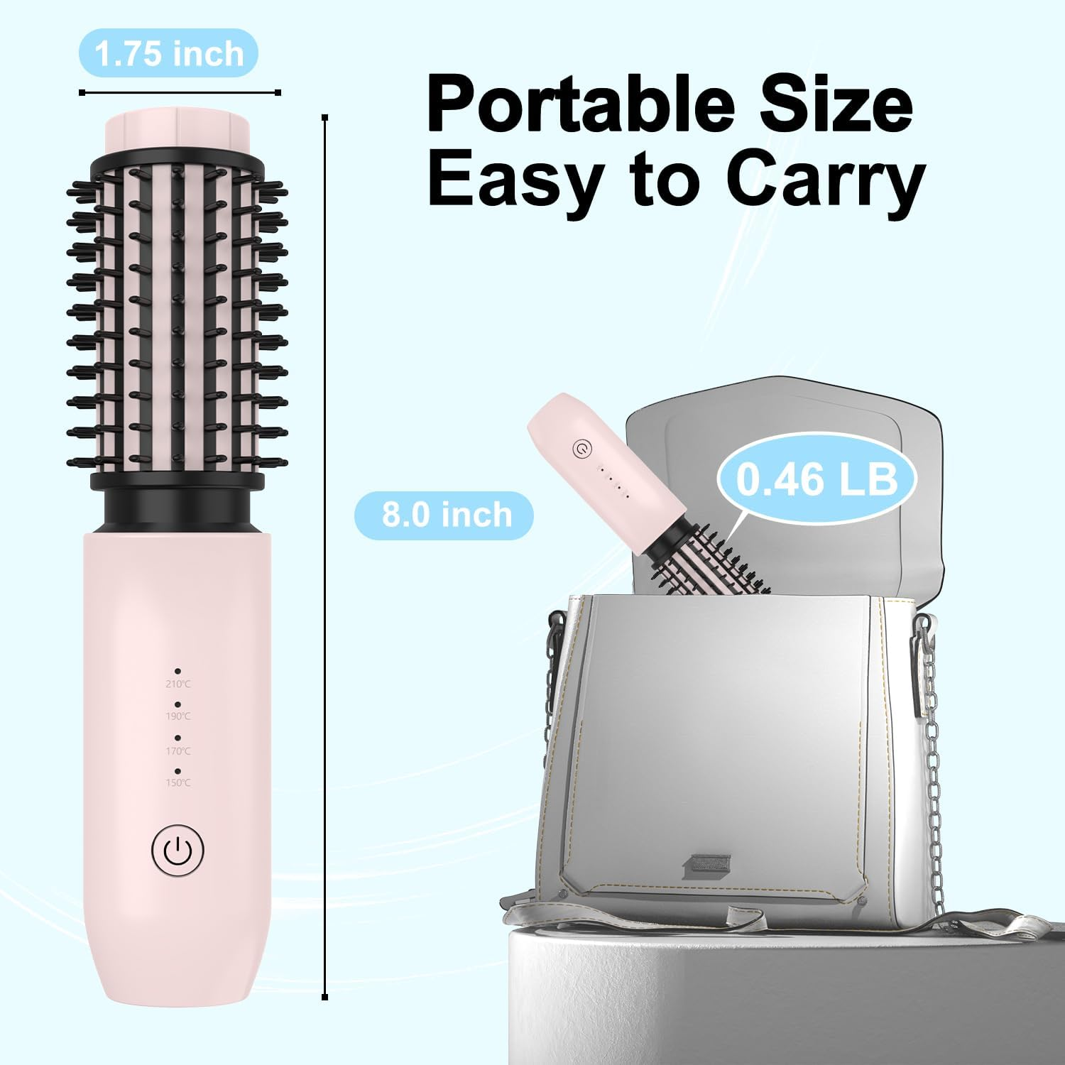 Ein rosa Haarstyler mit 1,75 Zoll Breite und 8,0 Zoll Länge passt in eine weiße Tasche.