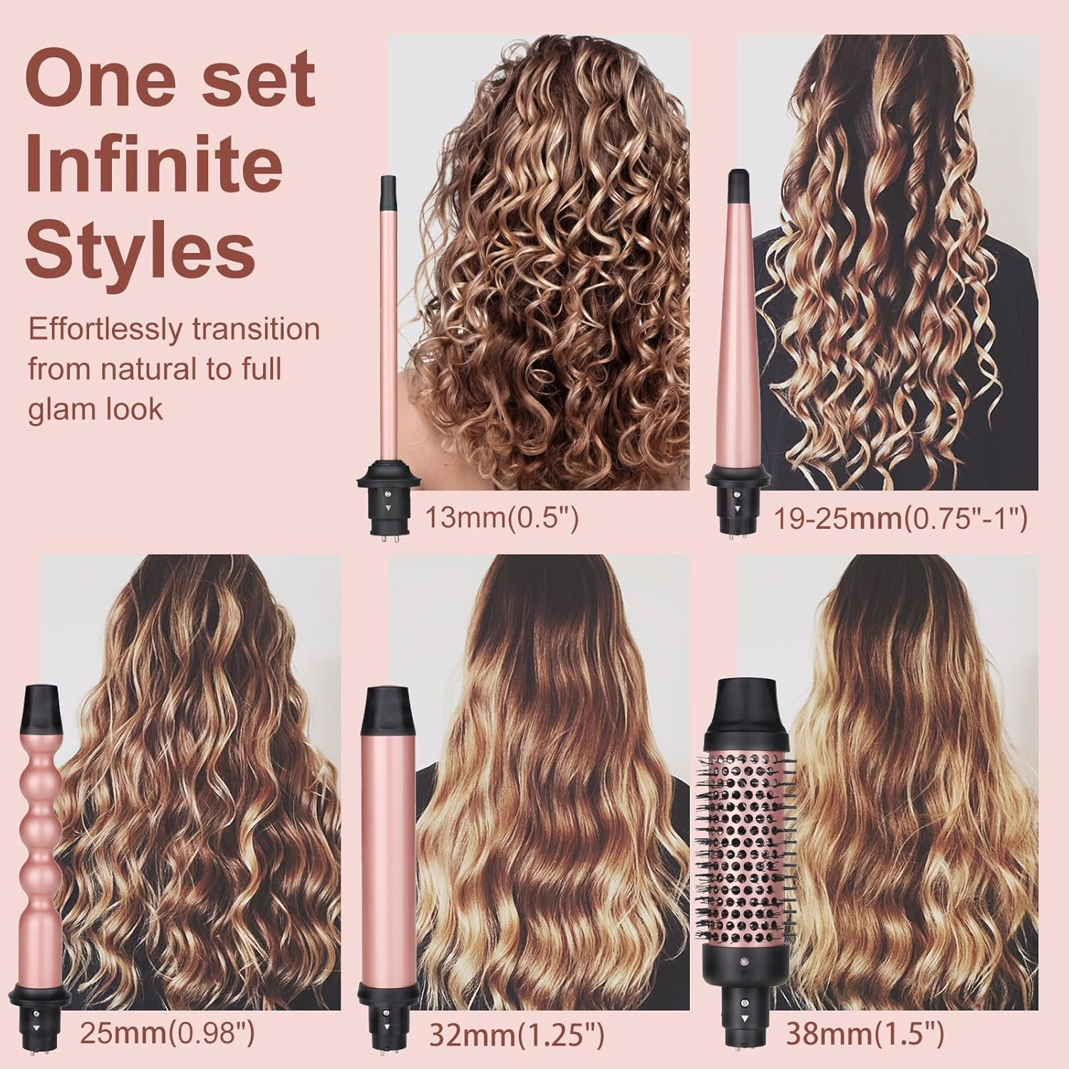 Haarstyling-Set mit verschiedenen Lockenstäben und Bürsten für diverse Looks.
