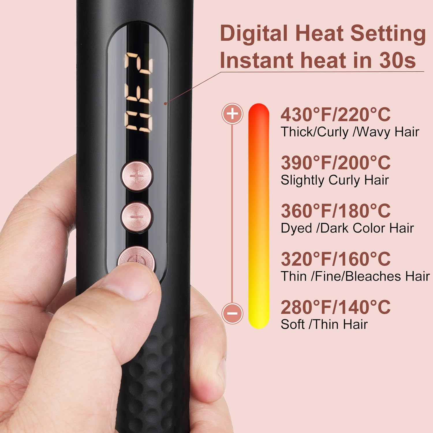 Ein schwarzer Haarglätter mit digitaler Anzeige zeigt 230 an. Daneben ist eine Skala mit Temperatureinstellungen.