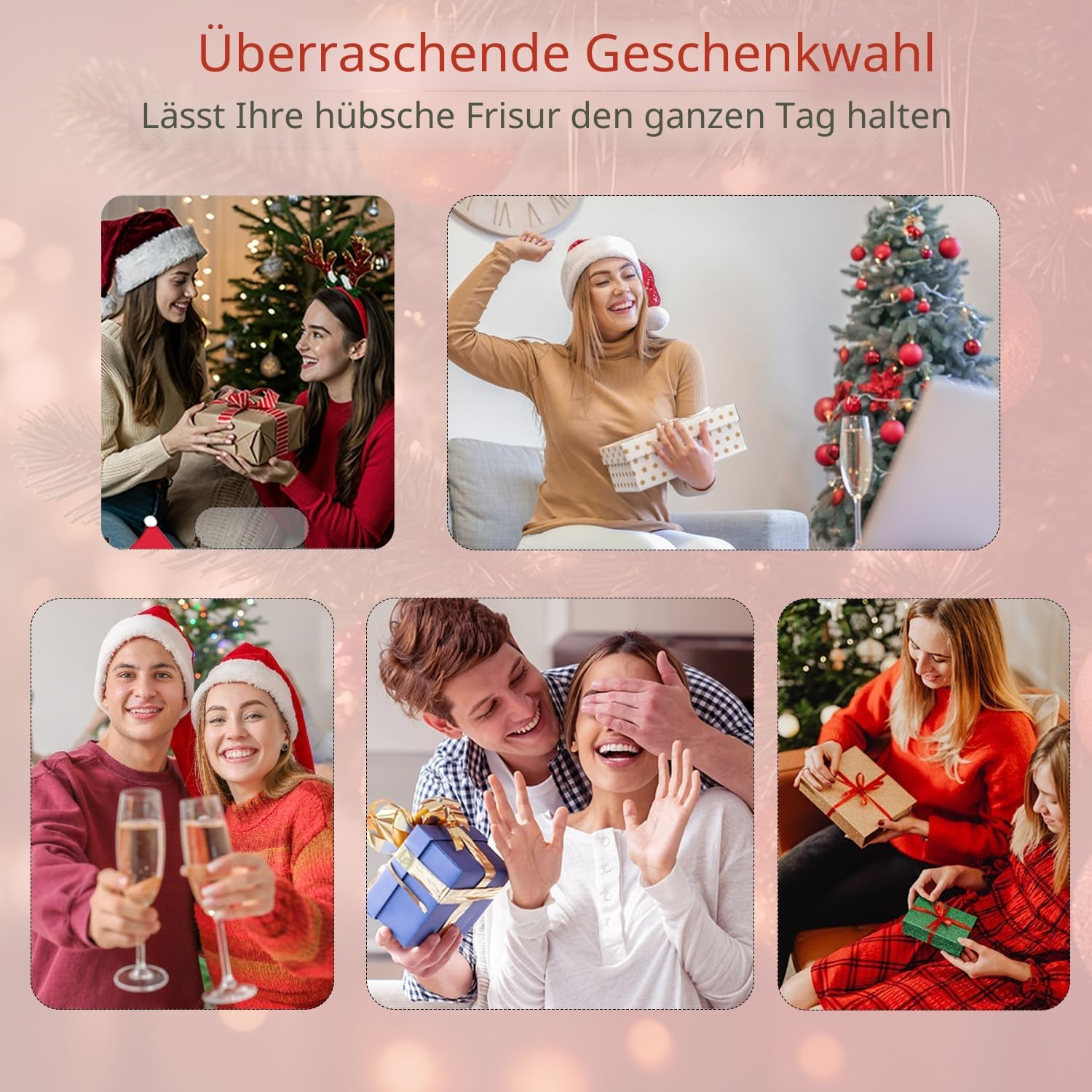 Weihnachtsszene mit fünf kleinen Bildern von Menschen, die Geschenke austauschen.