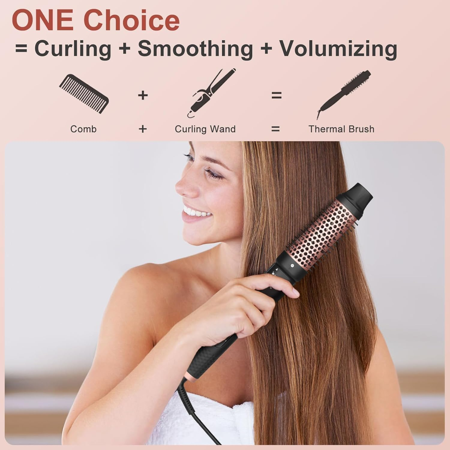 Eine Frau benutzt eine Hitzebürste für ihr langes braunes Haar. Text wirbt für eine Styling-Option.