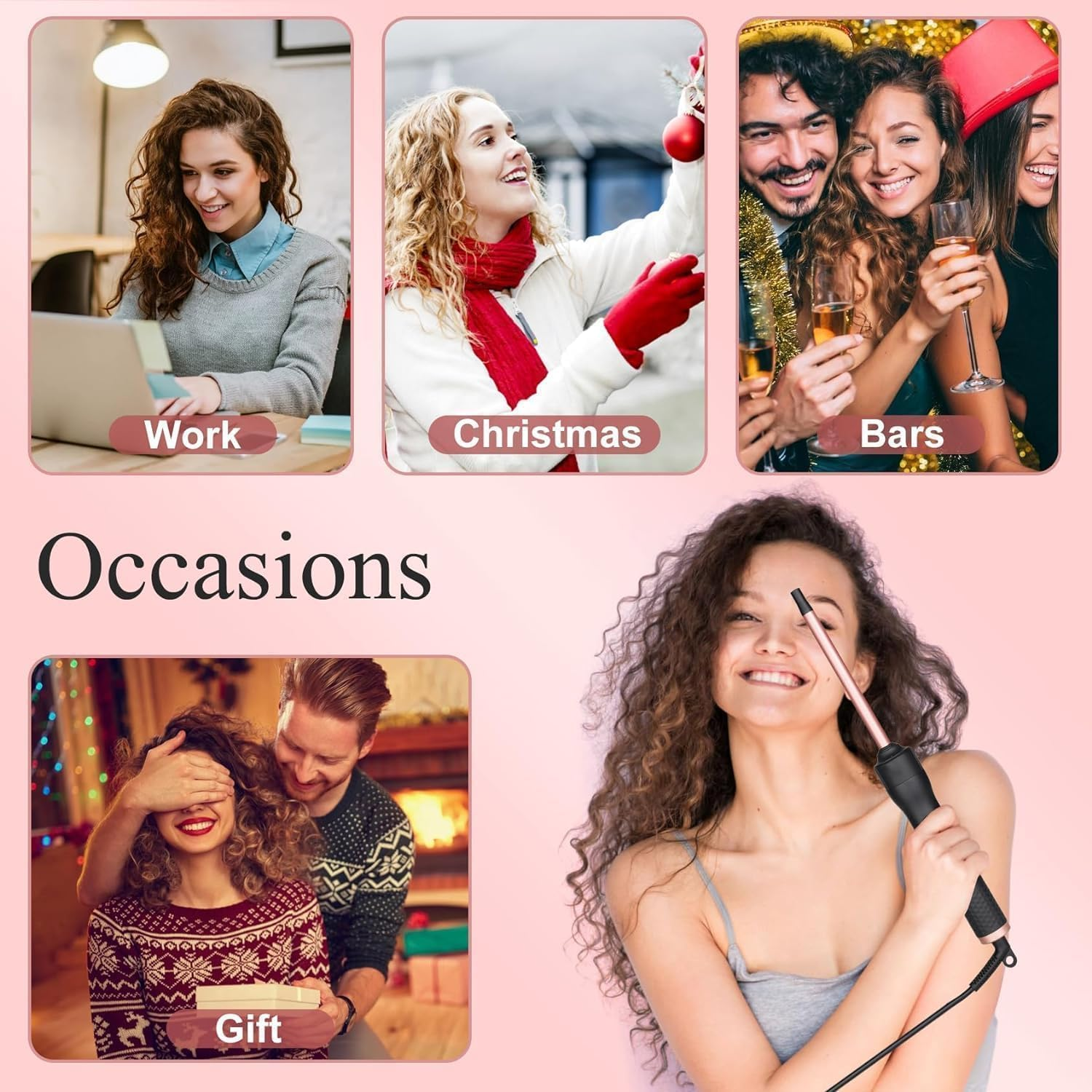 Frauen mit einem Lockenstab, bei der Arbeit, Weihnachten, Bars und Geschenke.