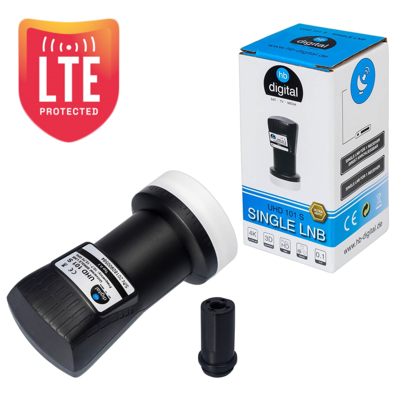 Ein schwarzer LNB mit weißer Kappe und eine Box mit LNB-Aufdruck.