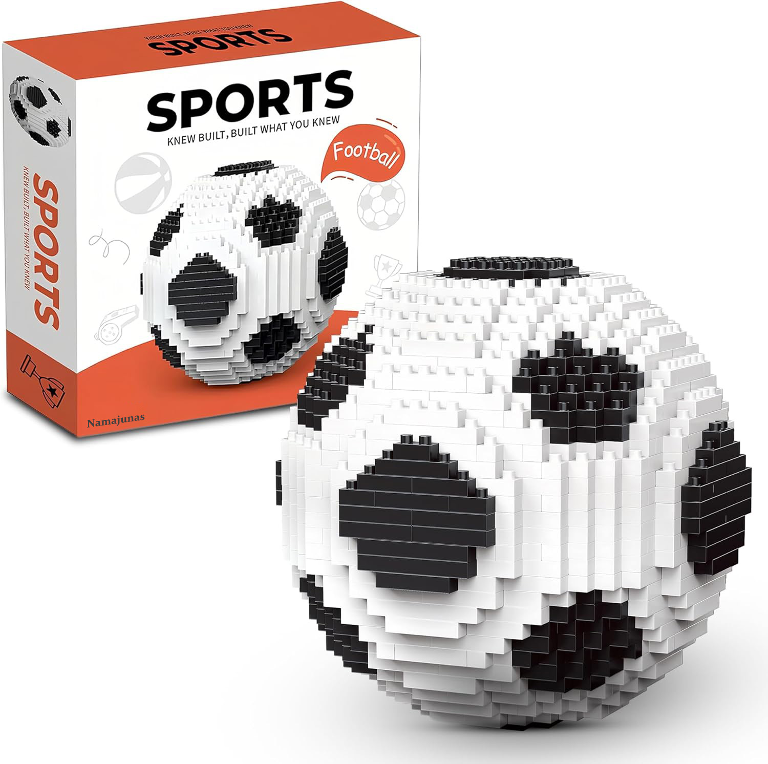 Ein Fußball aus weißen und schwarzen Bausteinen steht neben einer Verpackung.