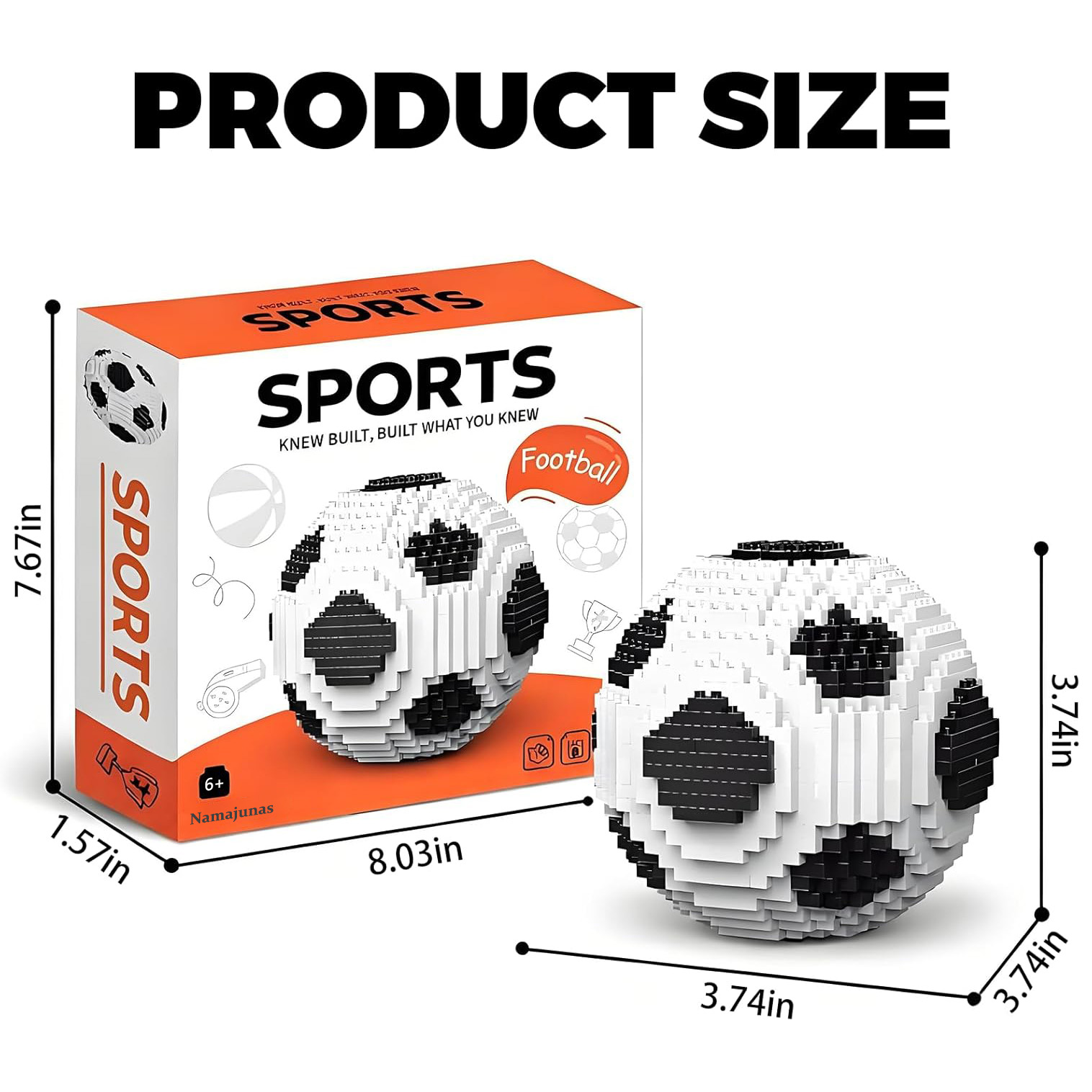 Produktgröße: Fußball-Baustein-Set mit Maßen. Box: 7,67x8,03x1,57 Zoll. Fußball: 3,74x3,74x3,74 Zoll.