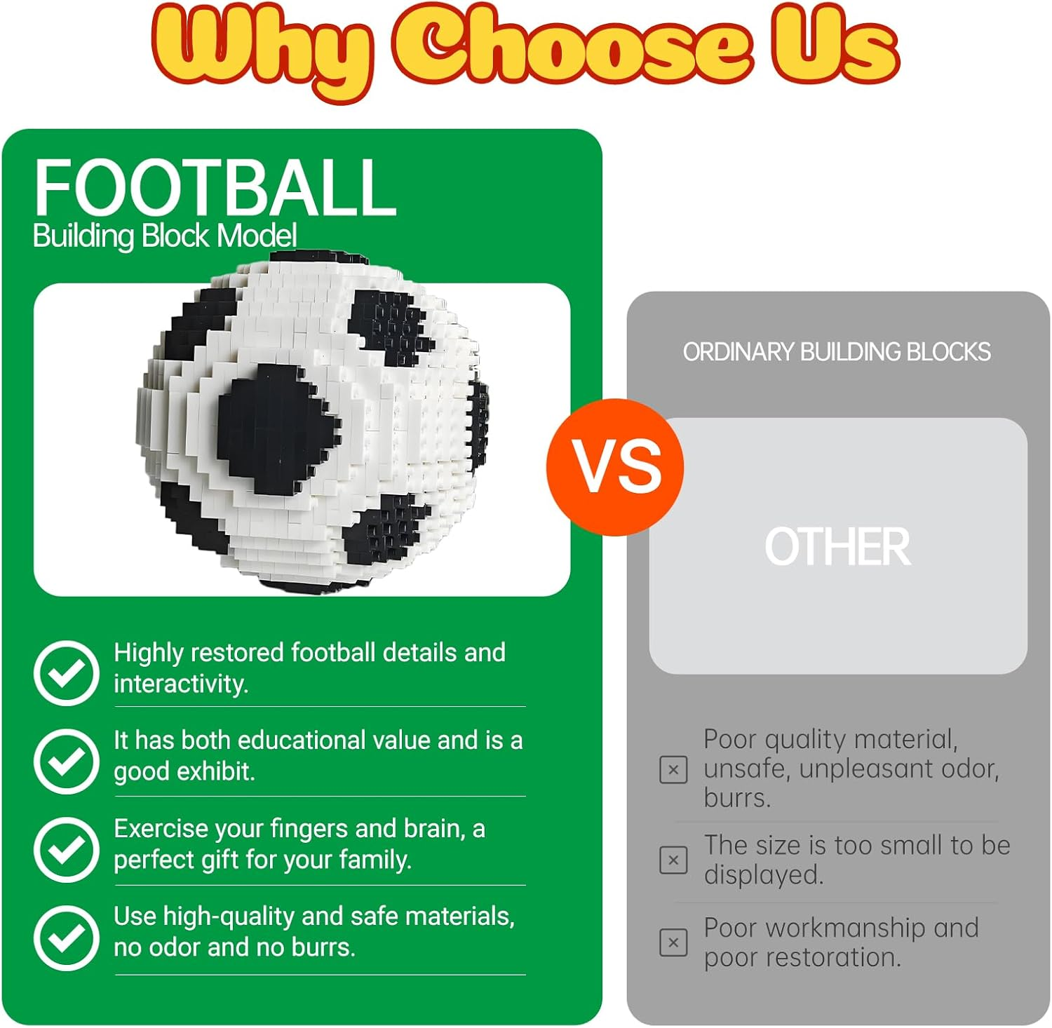 Werbebild für Fußball-Bausteinmodell vs. gewöhnliche Bausteine.