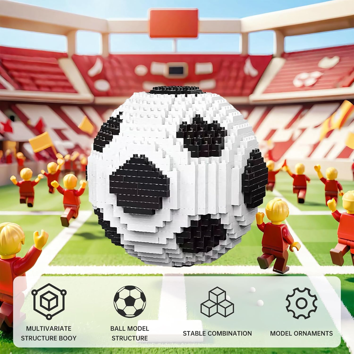 Ein Fußball aus Bausteinen steht im Stadion, umgeben von kleinen Figuren.
