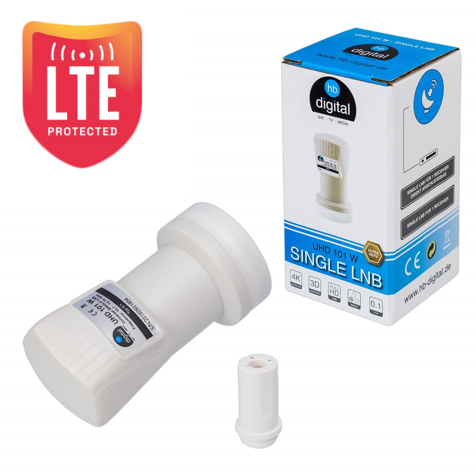 Ein weißer LNB mit Box. LTE-geschütztes Logo links.