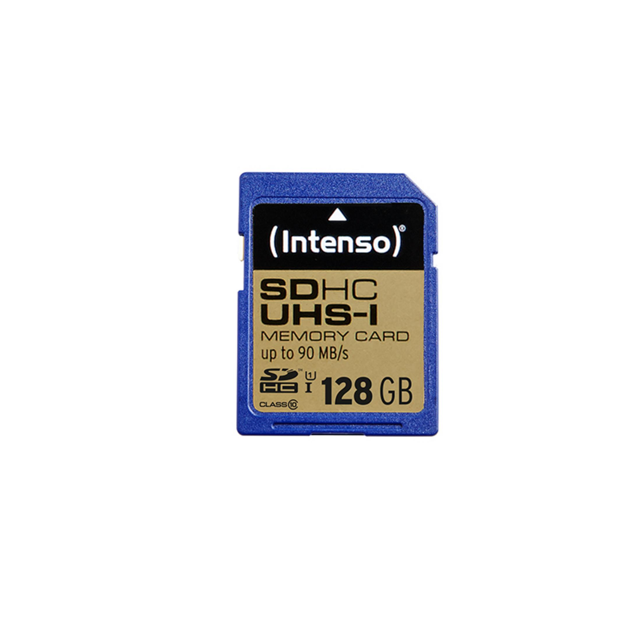 Niebieska karta pamięci Intenso SDHC UHS-I, 128 GB, do 90 MB/s.