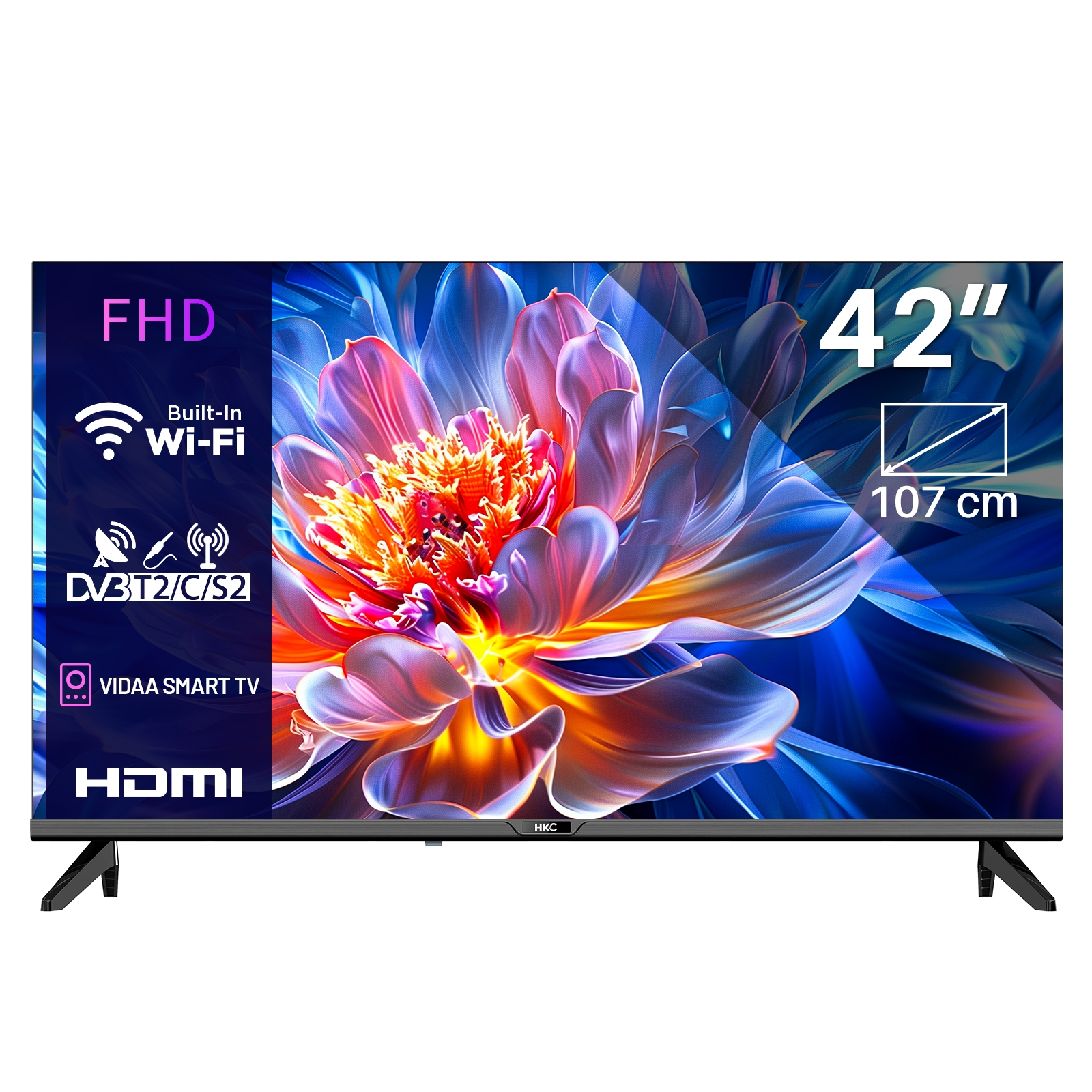 A 42-inch flat-screen TV displaying FHD resolution with a floral pattern.