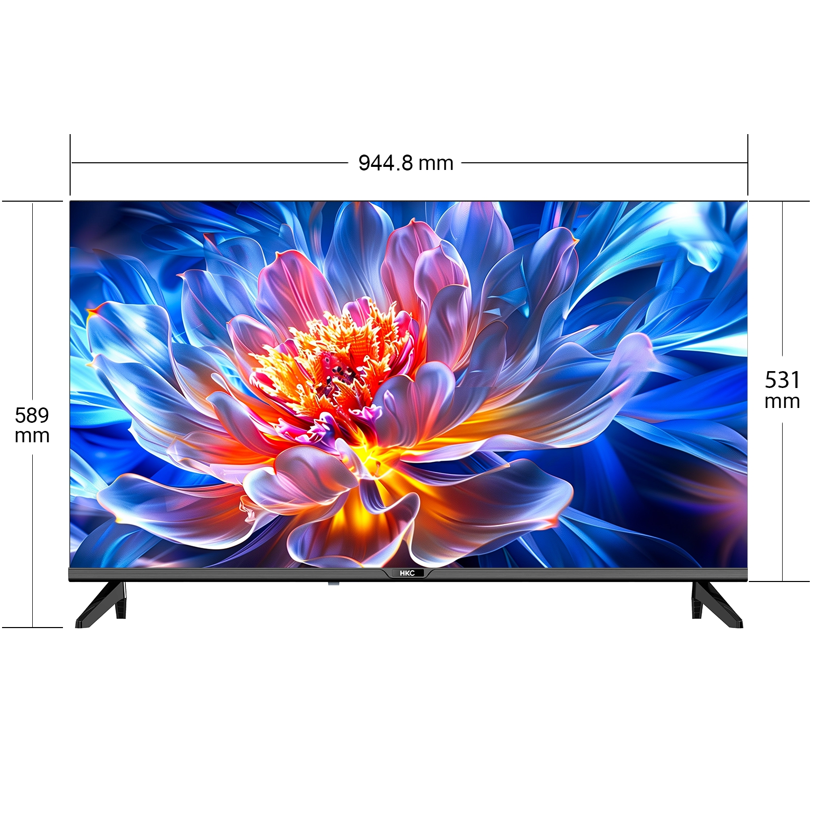 A modern flat-screen TV displaying a colorful flower image with dimensions.
