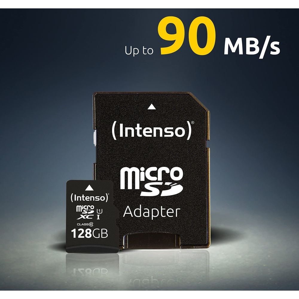 Intenso Micro SDXC Adapter, 128GB, bis zu 90 MB/s Lese-Geschwindigkeit.