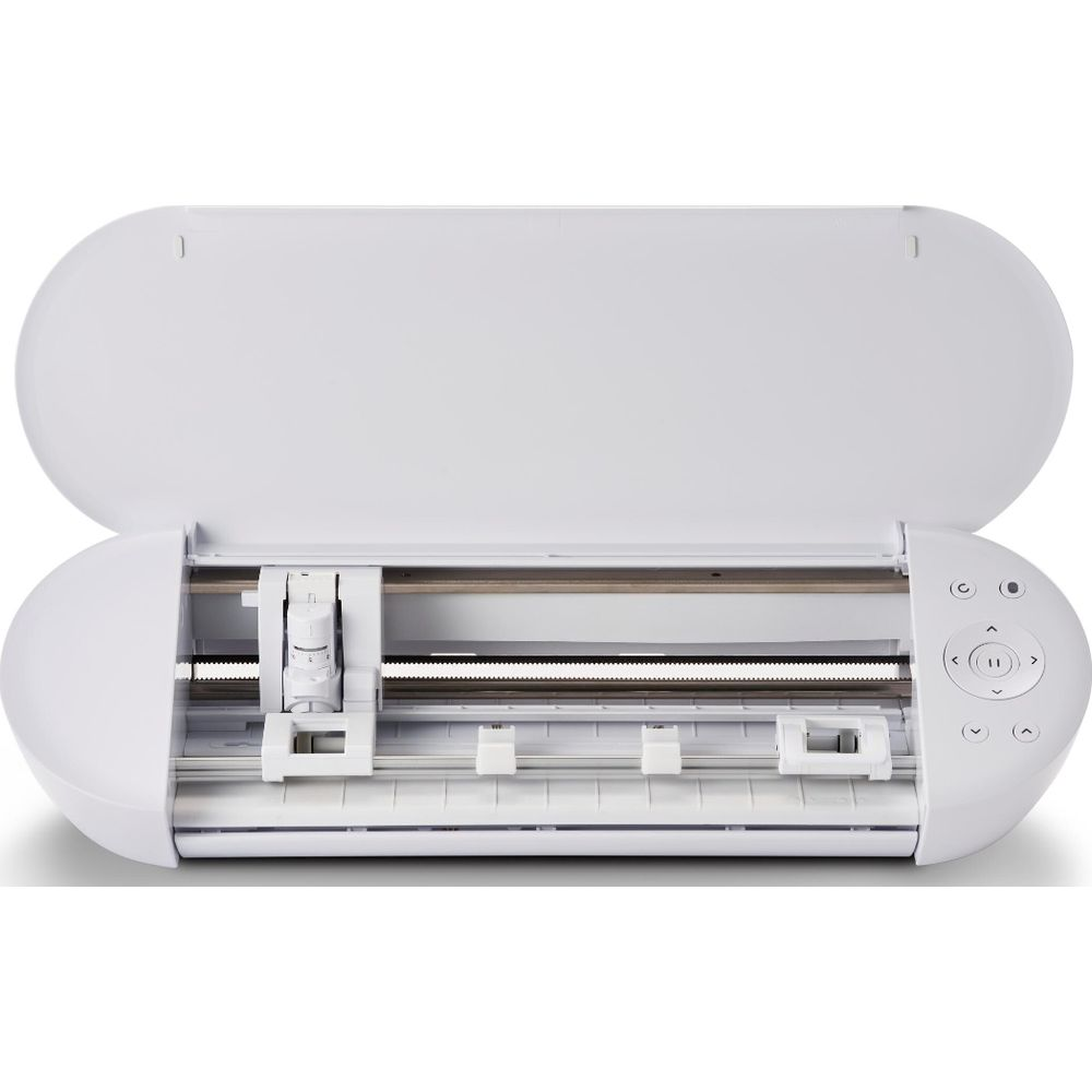 Ein weißer Schneideplotter mit geöffnetem Deckel, der den Schneidemechanismus zeigt.