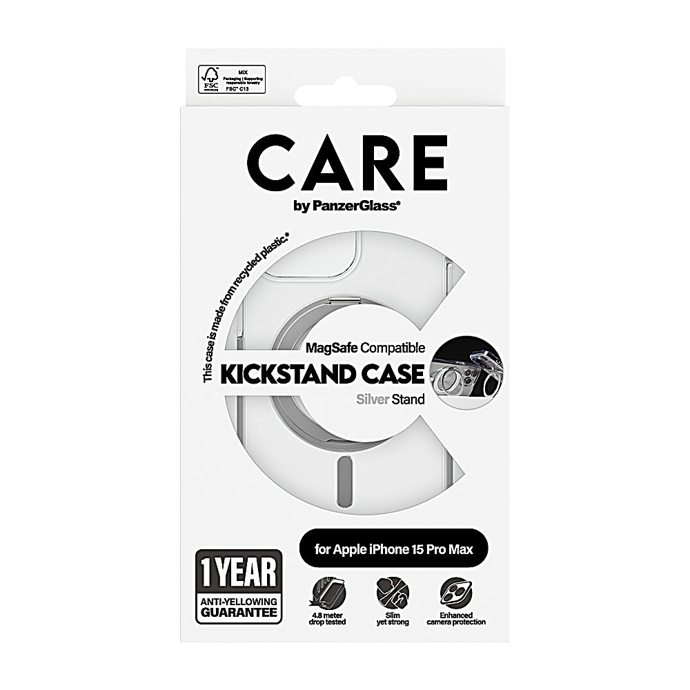 Verpackung für ein CARE Kickstand Case von PanzerGlass für iPhone 15 Pro Max.