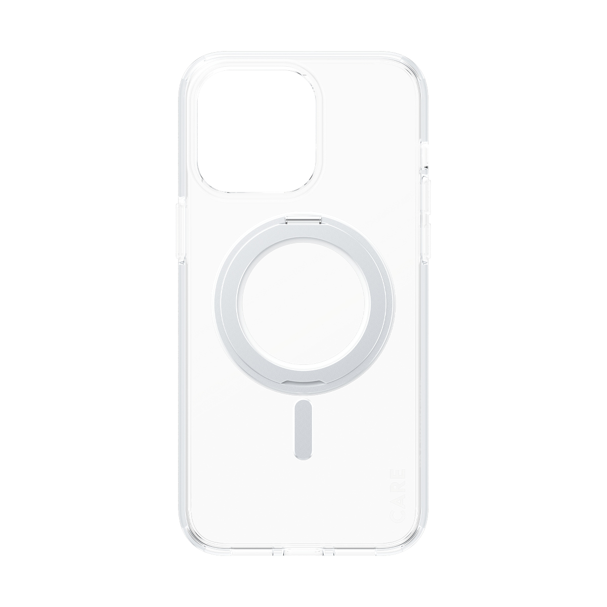 Transparente Handyhülle mit MagSafe-Ring und Kameraaussparung.