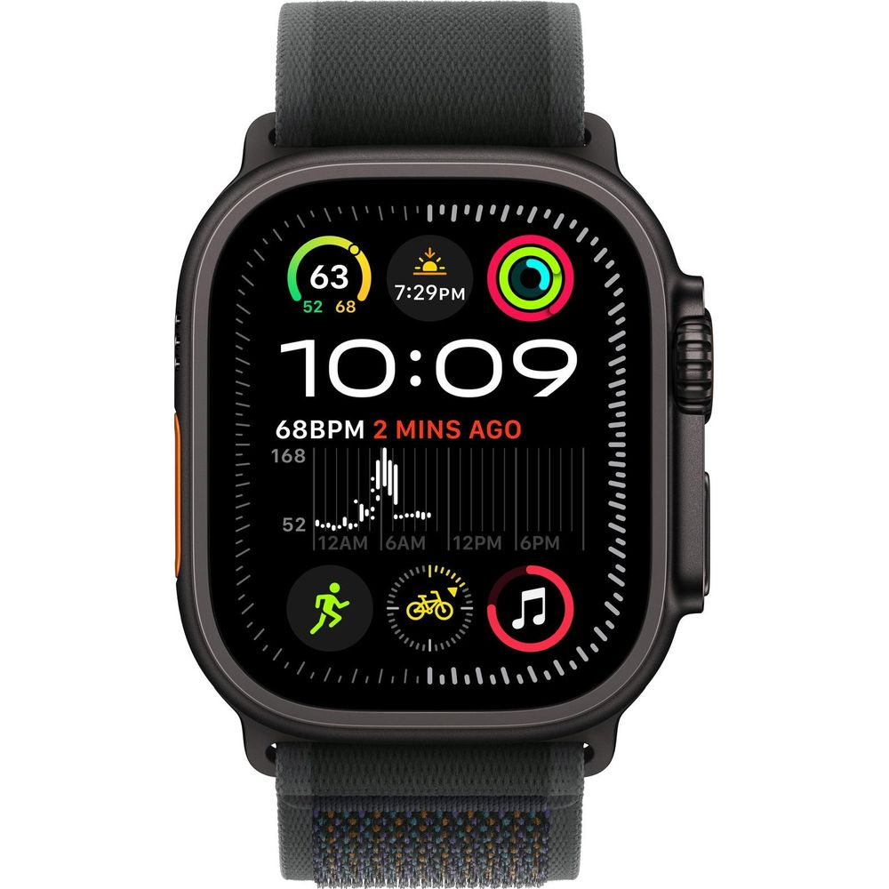 Uno smartwatch mostra 10:09, battito cardiaco e icone di attività.