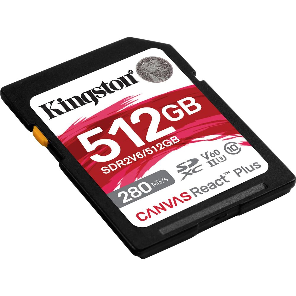 Kingston 512GB SDXC-Karte mit rotem abstraktem Design und Geschwindigkeitsinfo.