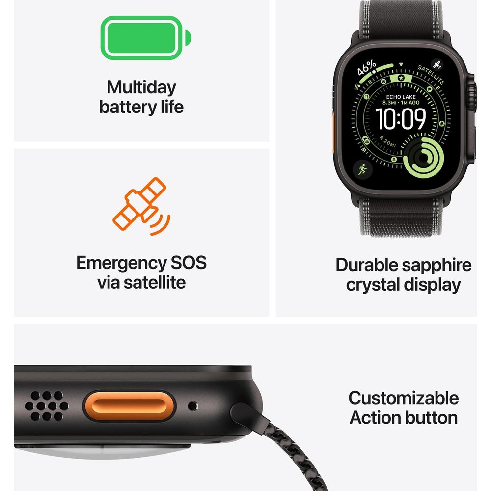 Smartwatch con durata batteria, SOS satellitare, cristallo di zaffiro e tasto azione.
