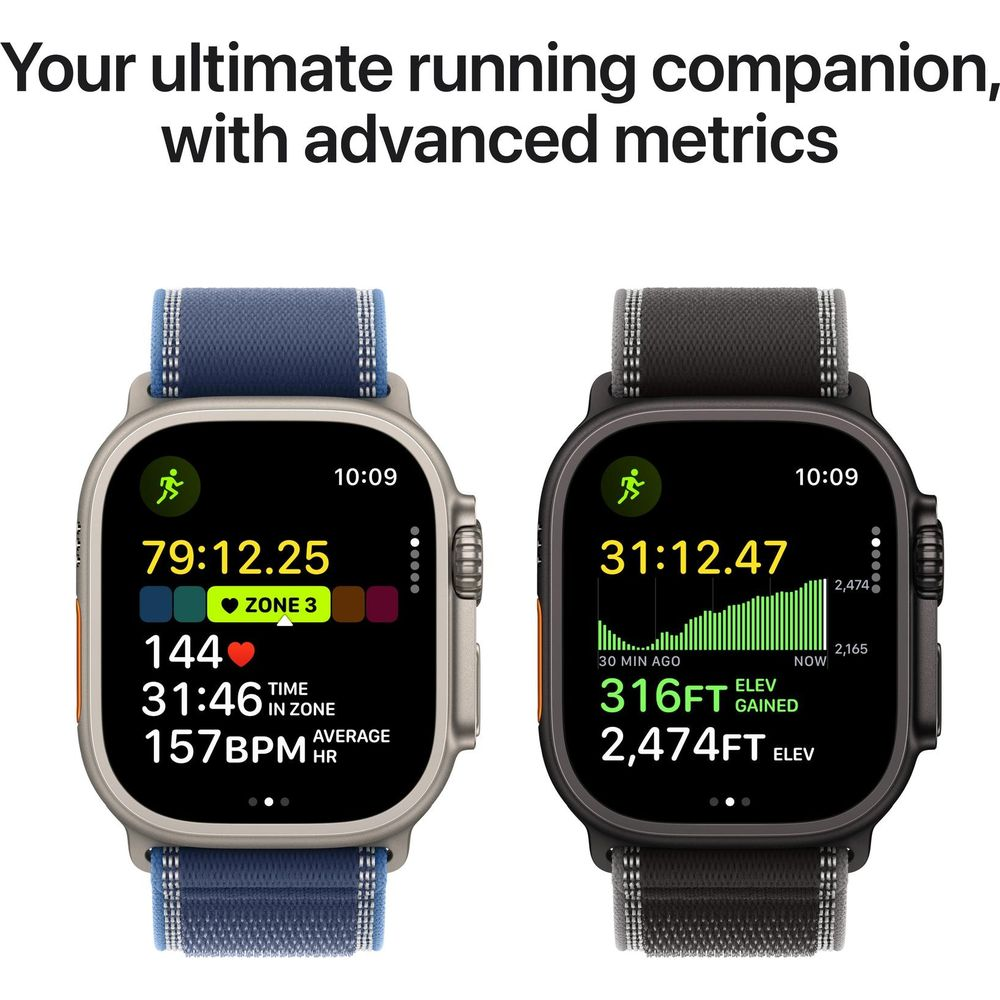 Zwei Smartwatches nebeneinander, die Laufdaten anzeigen.