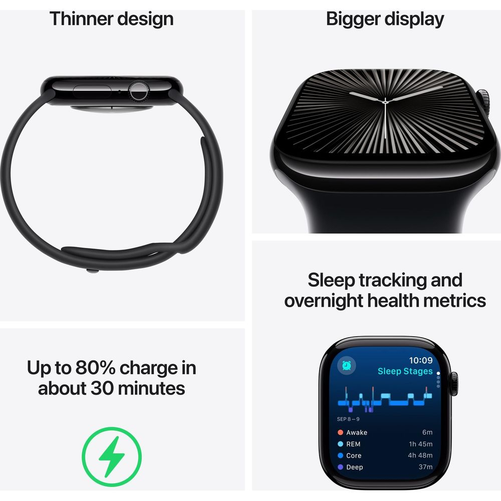 Uno smartwatch nero con design sottile, display più grande, ricarica rapida e monitoraggio sonno.
