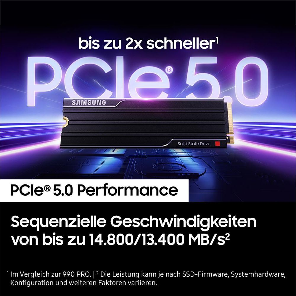 Dysk SSD Samsung PCIe 5.0 o prędkości odczytu 14.800 MB/s i zapisu 13.400 MB/s.