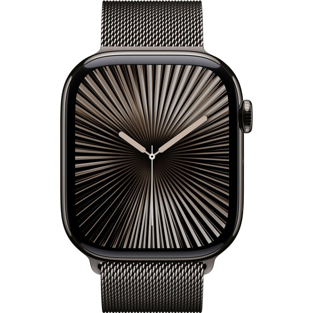 Uno smartwatch grigio con quadrante a motivo radiale e cinturino milanese.