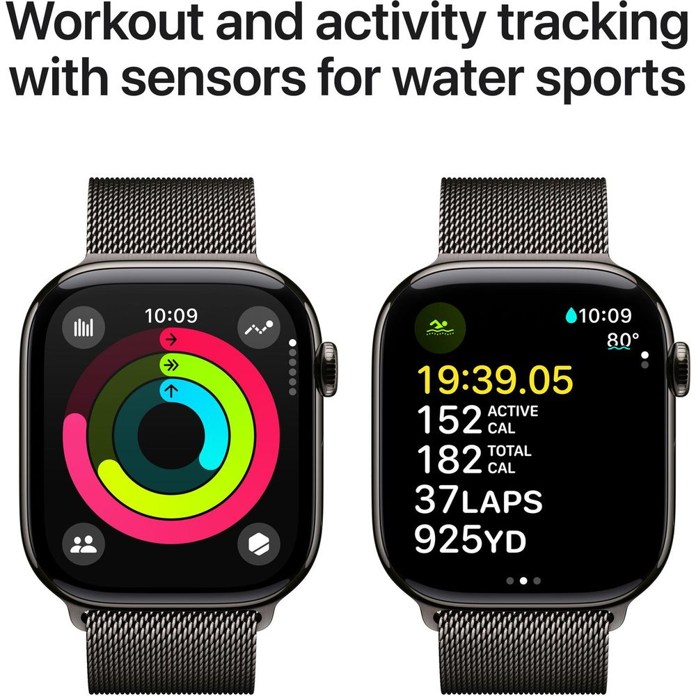 Due smartwatch mostrano il monitoraggio delle attività: uno con anelli, uno con statistiche di nuoto.