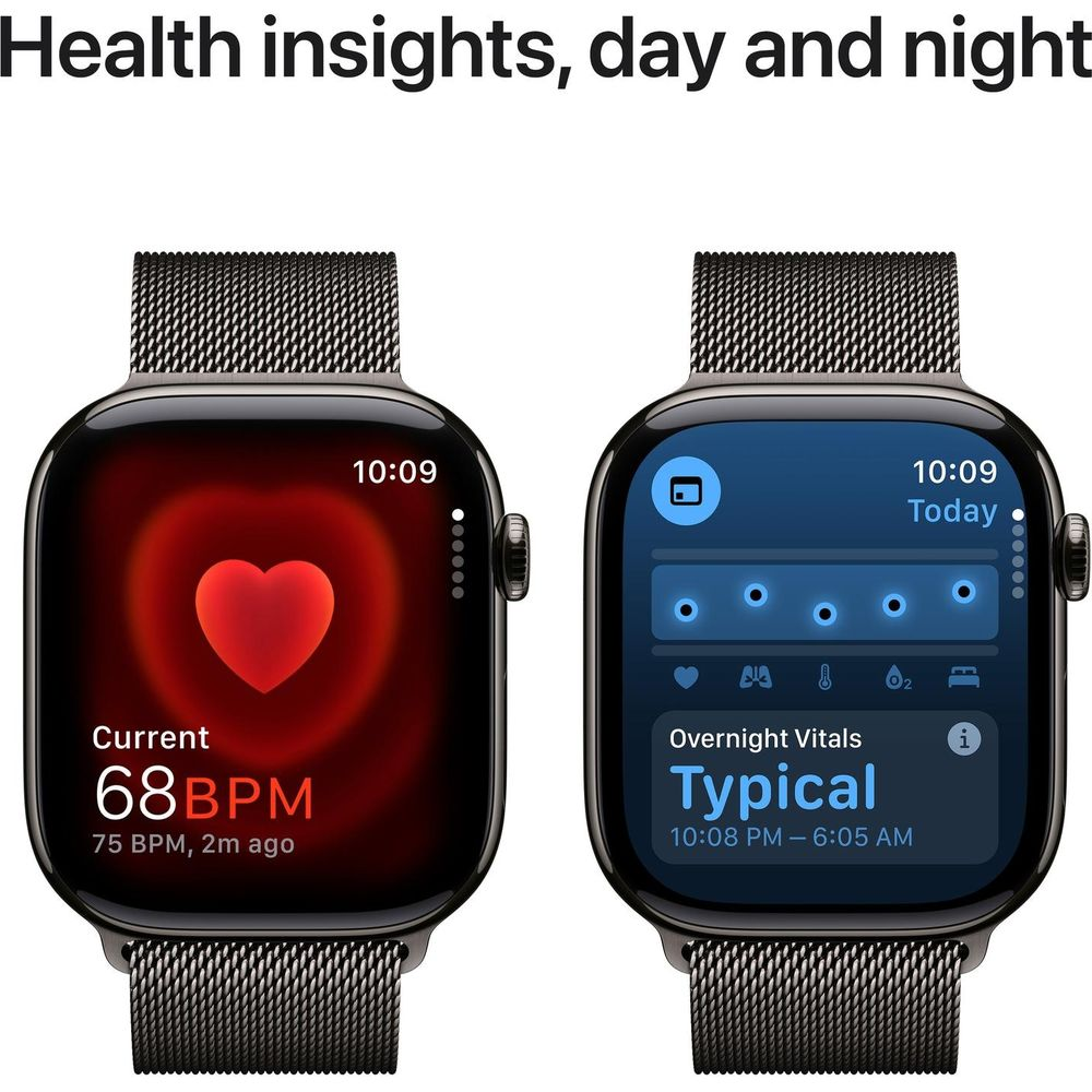 Due smartwatch mostrano dati sulla salute: uno mostra la frequenza cardiaca, l'altro i parametri vitali notturni.
