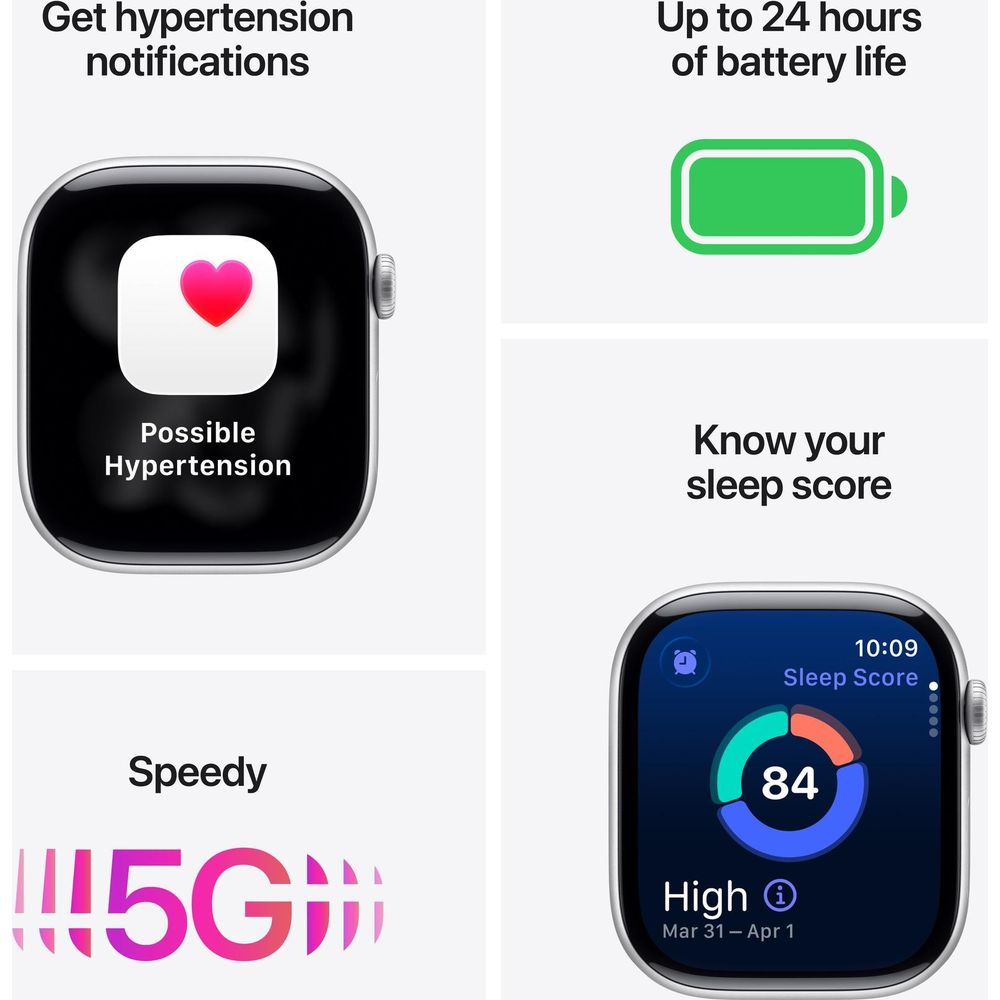 Apple Watch: Alerty nadciśnienia, bateria 24h, wynik snu 84, 5G. Ekran pokazuje ikonę serca.
