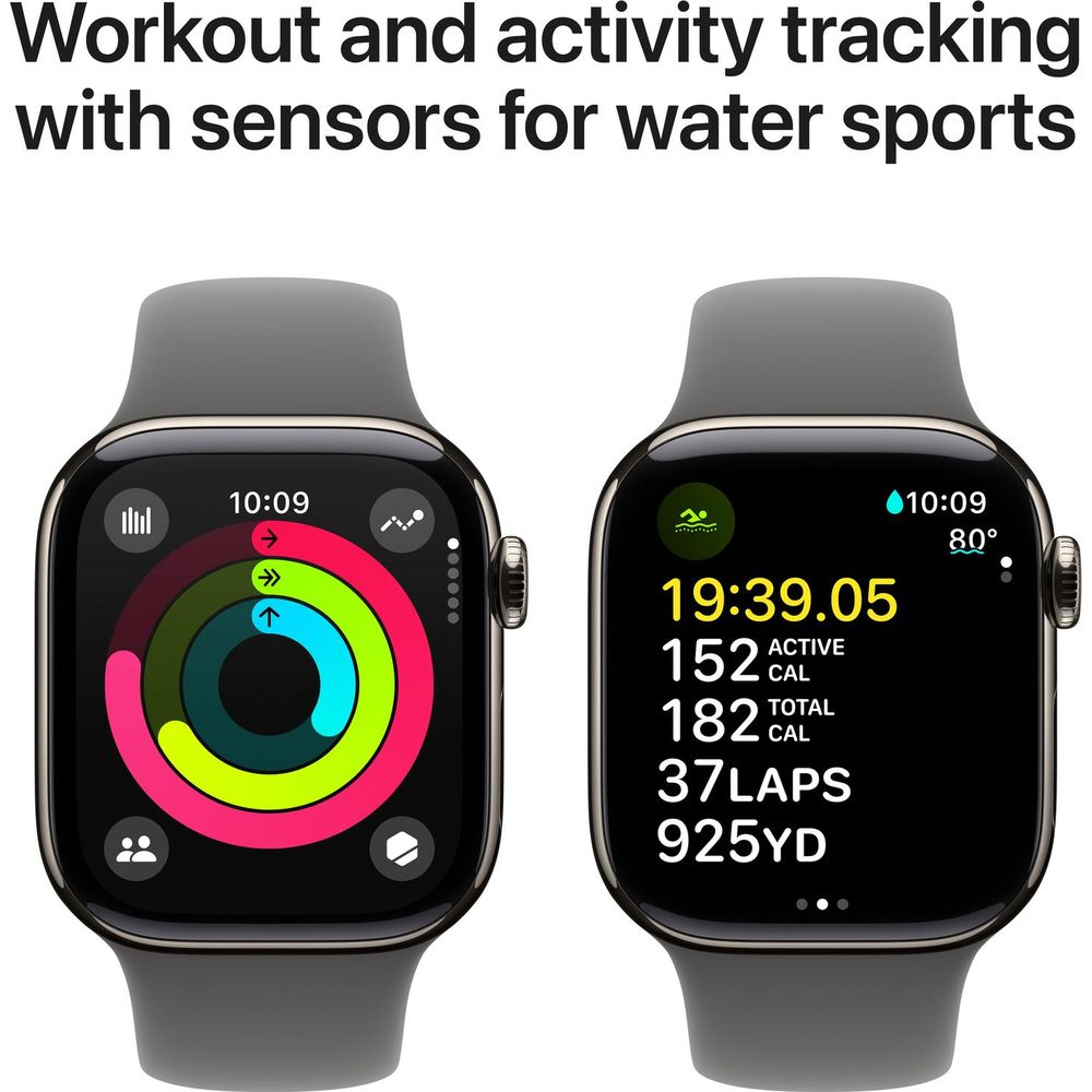 Due smartwatch mostrano dati di attività: uno con anelli colorati, l'altro con ora, calorie, giri e distanza.
