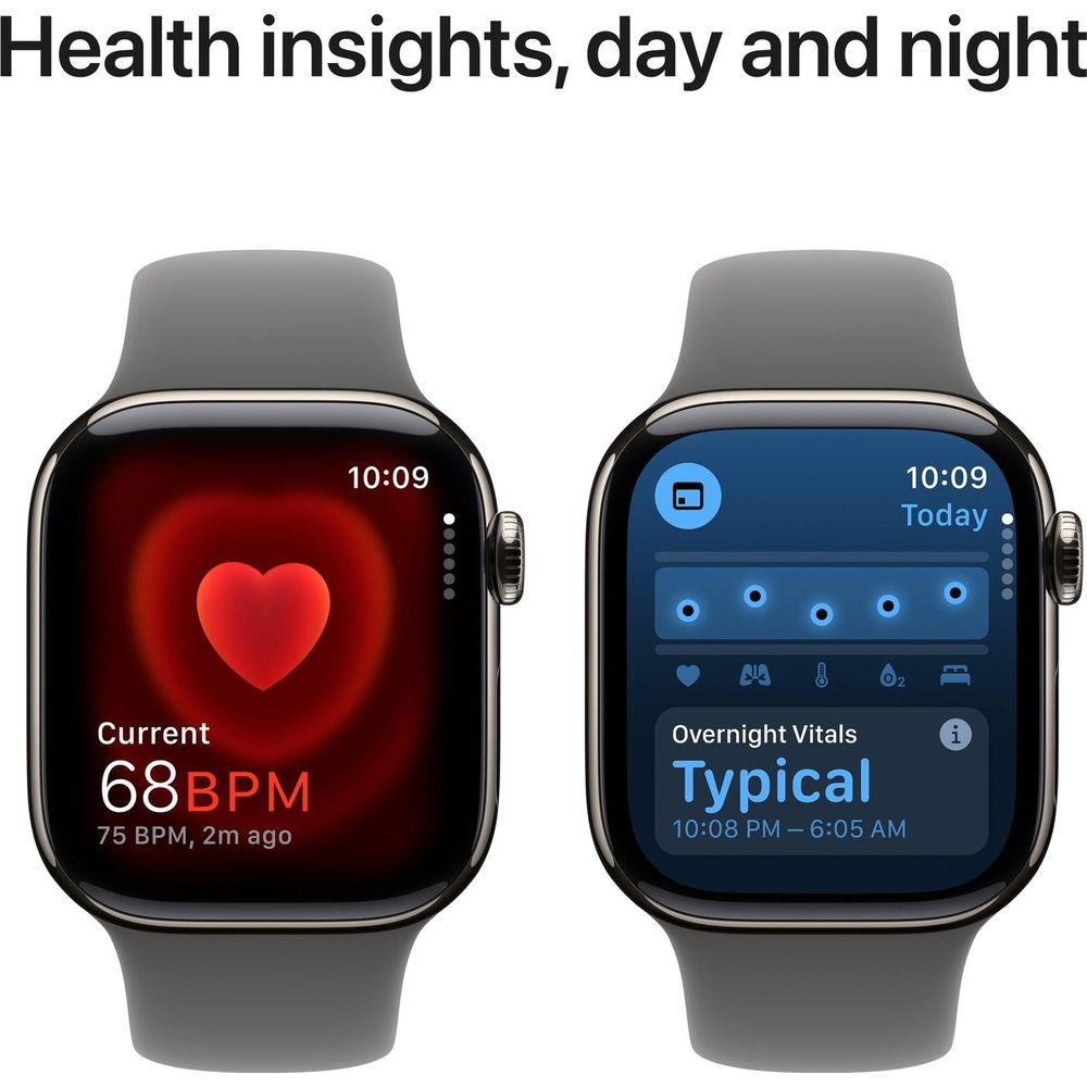Due smartwatch mostrano dati sanitari: frequenza cardiaca e parametri notturni.