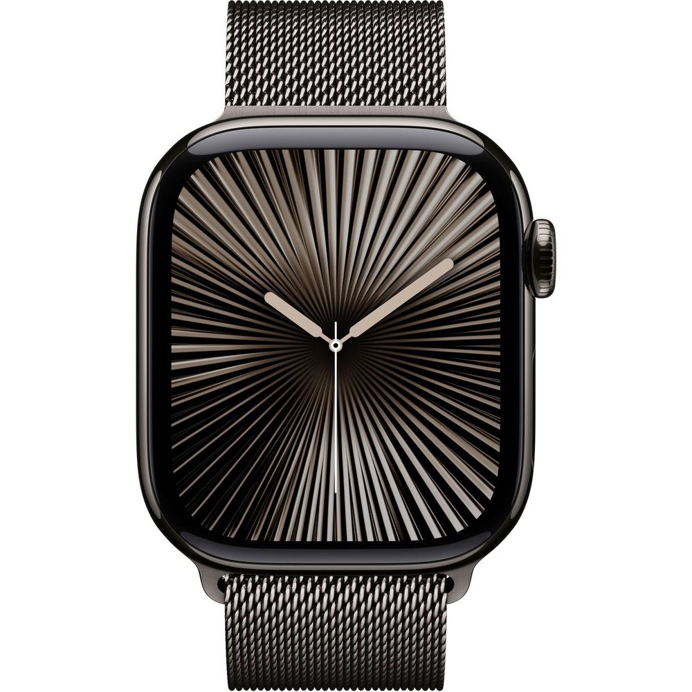 Un Apple Watch scuro con cinturino in rete e quadrante suggestiva.