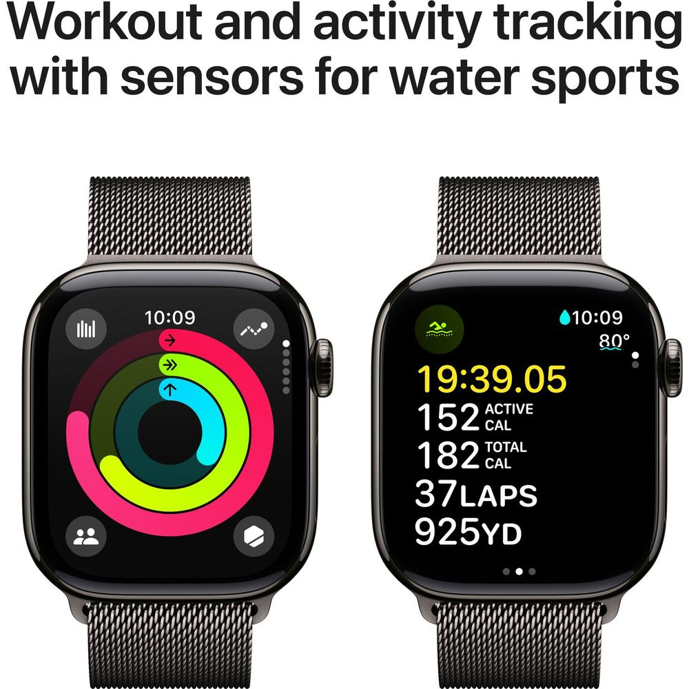 Due smartwatch mostrano dati di allenamento: anelli di attività e statistiche attività acquatiche.