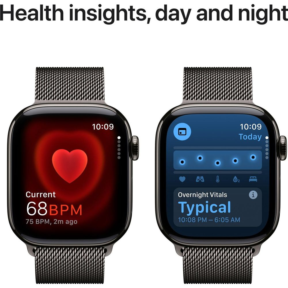 Due smartwatch mostrano dati sanitari: uno mostra la frequenza cardiaca, l'altro i parametri vitali notturni.