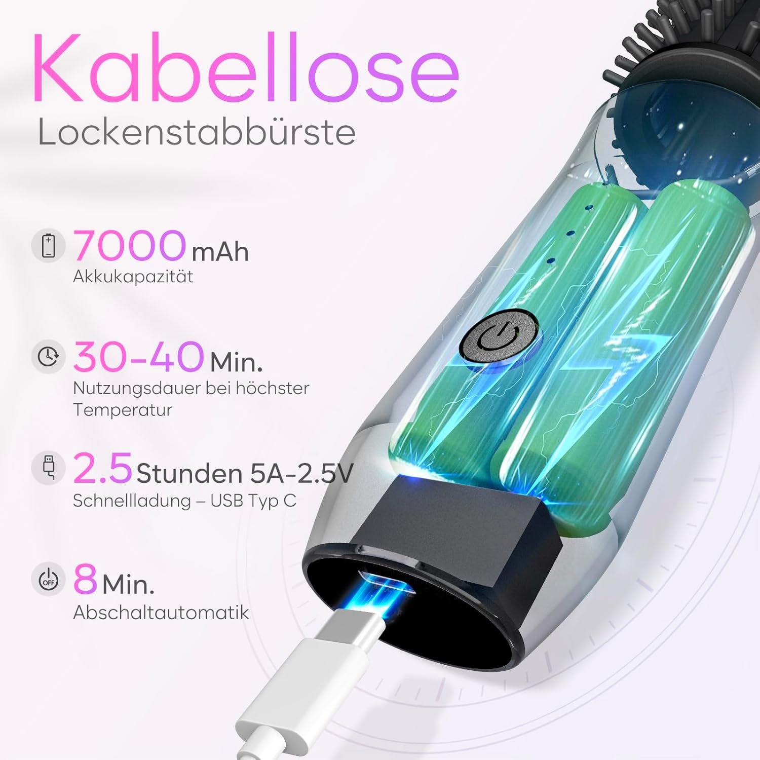 Kabellose Lockenstab-Bürste mit 7000mAh Akku, 30-40 Min. Laufzeit, 2.5h Ladezeit.