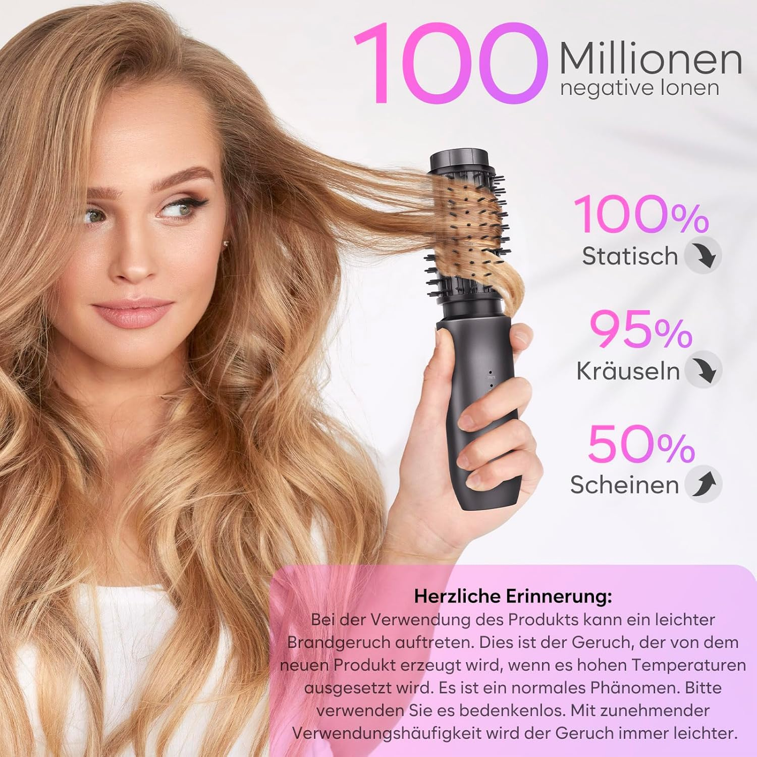 Frau mit lockigem Haar und einem Lockenstab, der 100 Mio. negative Ionen erzeugt.