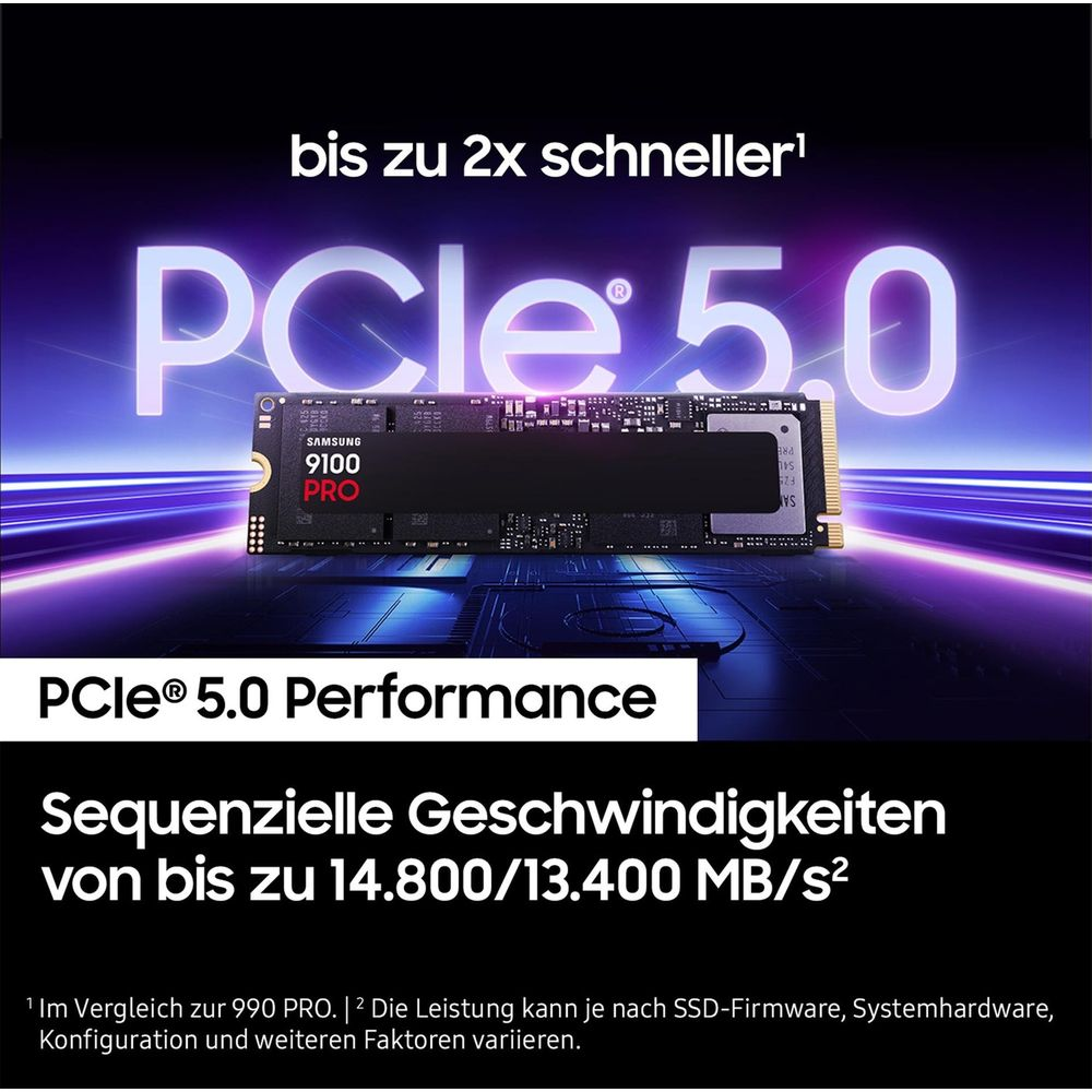 Dysk SSD Samsung 9100 PRO z wydajnością PCIe 5.0 na ciemnym tle.