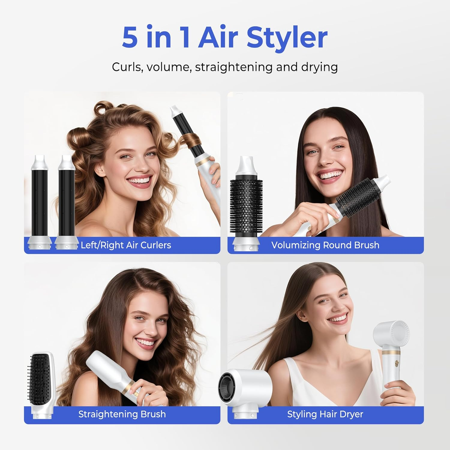 Vier Frauen präsentieren einen 5-in-1-Luftstyler mit verschiedenen Aufsätzen.