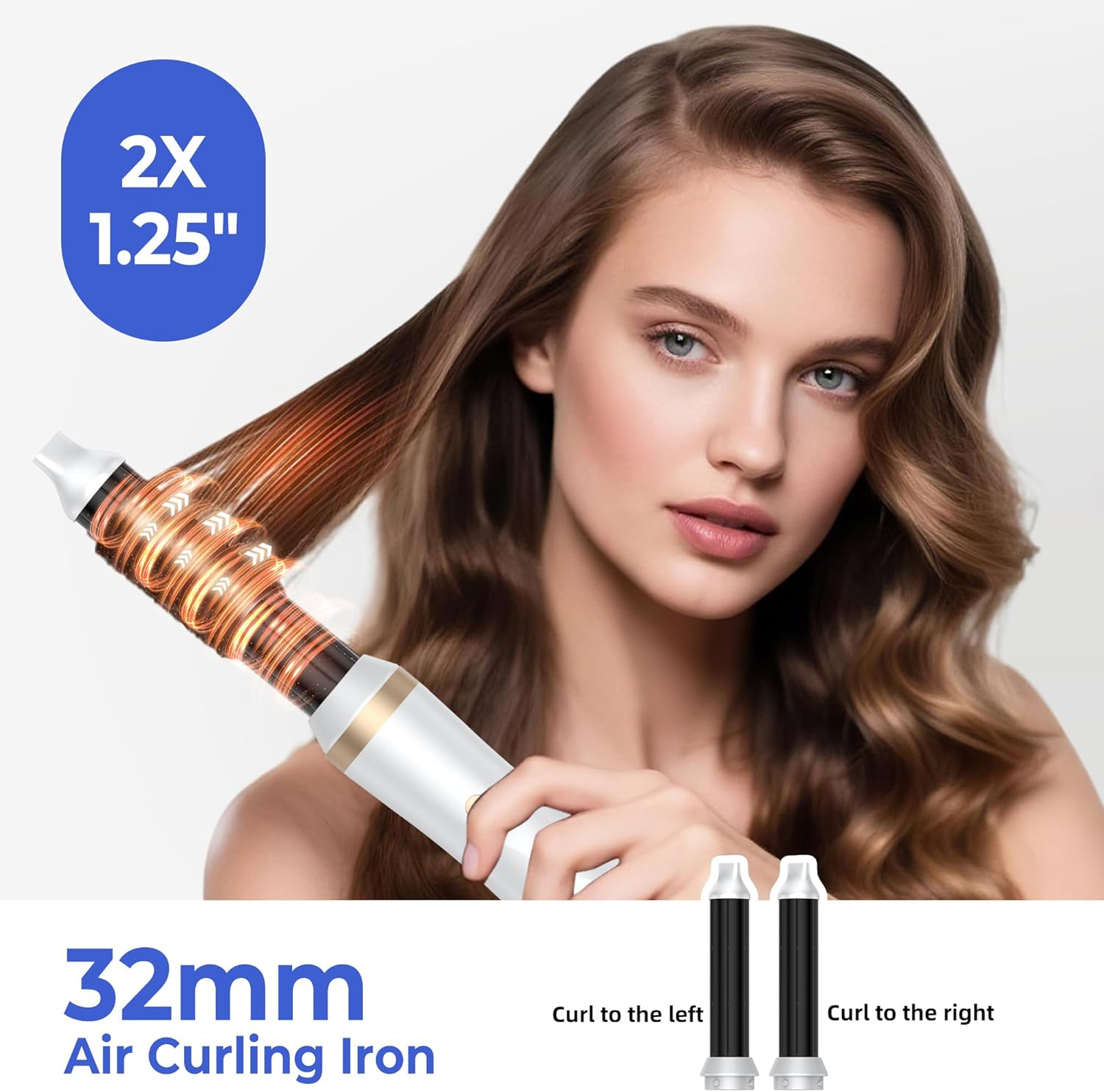 Eine Frau stylt ihr Haar mit einem automatischen Lockenstab, der 32mm misst.