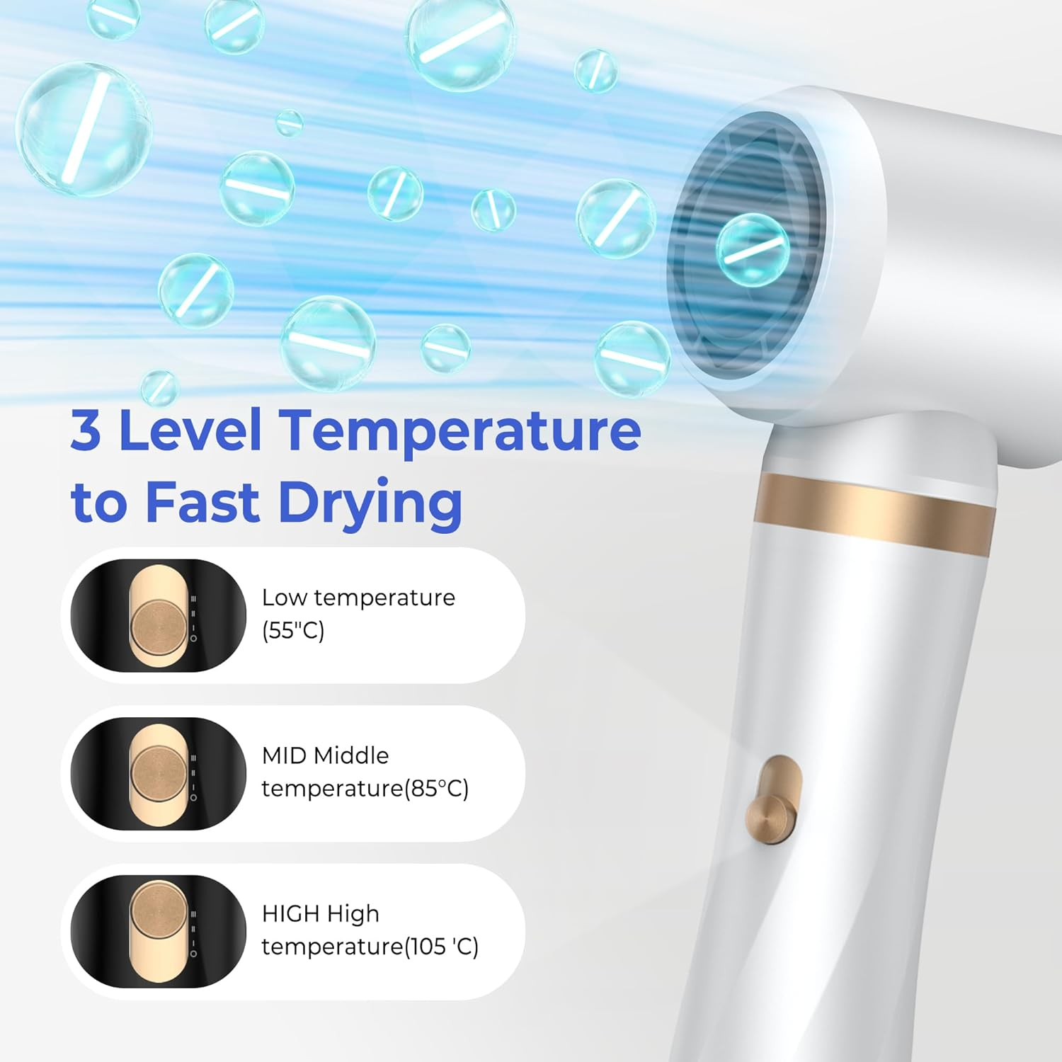 Föhn mit 3 Temperatureinstellungen: Niedrig (55°C), Mittel (85°C), Hoch (105°C).